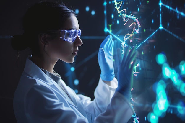 Weibliche Wissenschaftlerin arbeitet an DNA und ein molekulargenetisches Instrument demonstriert eine holographische Präsentation