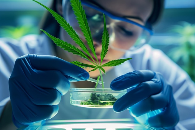 weibliche Wissenschaftlerin, die Cannabis im Labor erforscht, mit einem Hintergrund im Bokeh-Stil