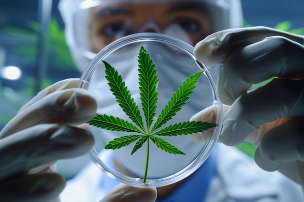 weibliche Wissenschaftlerin, die Cannabis im Labor erforscht, mit einem Hintergrund im Bokeh-Stil