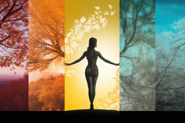 Weibliche Yoga-Figurensilhouette vor Collage