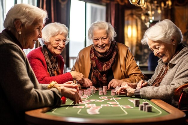 Weibliche zusammen Senior-Spiel Poker ältere pensionierte alte kaukasische Haus Generative KI