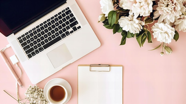 Weiblicher Arbeitsplatz mit Laptop-Pink-Akzenten und stilvollem Blumendekor auf einem modernen Schreibtisch