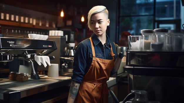 Weiblicher Barista, der Kaffee oder Espressogetränke während einer geschäftigen Hauptverkehrszeit in einem Café mit generativer KI zubereitet