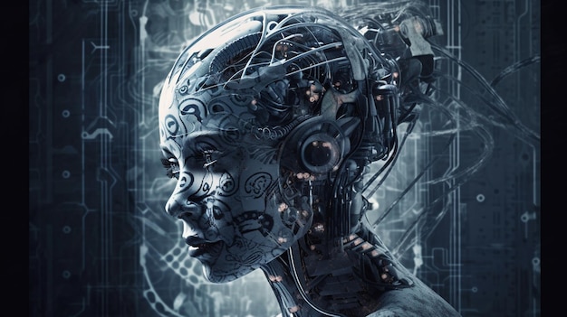 Weiblicher Cyborg mit Schaltkreisgehirn und binärer Codegenerativer KI
