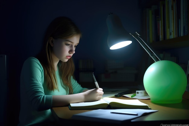 Weiblicher kaukasischer Teenager, der im Arbeitszimmer Hausaufgaben macht und intelligente generative KI AIG23 studiert