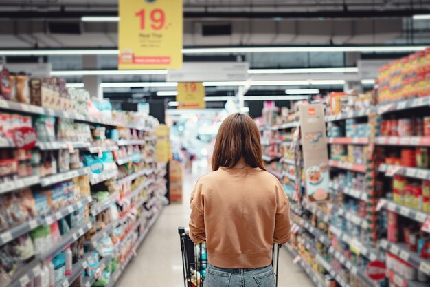 Weiblicher Kunde beim Einkaufen im Supermarkt mit Trolley