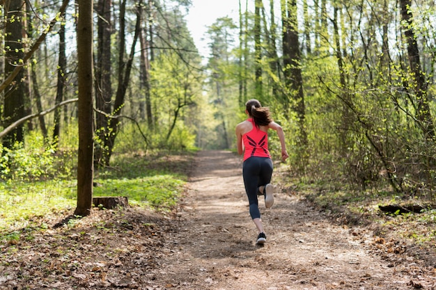 Weiblicher Läufer lassen im Frühjahr sonnigen Wald laufen