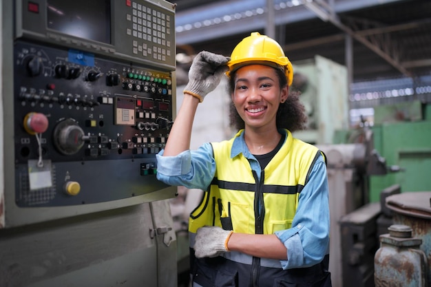 Weiblicher Lehrling in einer Metallbearbeitungsfabrik, Porträt einer arbeitenden technischen Arbeiterin oder Ingenieurin aus der Industrie, die in einer industriellen Fertigungsfabrik arbeitet.