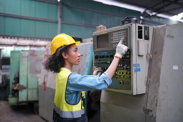 Weiblicher Lehrling in einer Metallbearbeitungsfabrik, Porträt einer arbeitenden technischen Arbeiterin oder Ingenieurin aus der Industrie, die in einer industriellen Fertigungsfabrik arbeitet.