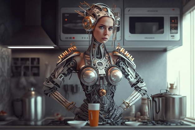 Weiblicher Roboter kocht in der Küche Humanoide KI Android steht am Herd generative KI