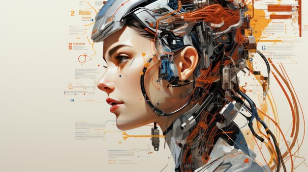 weiblicher Roboterkopf mit Konzept der künstlichen Intelligenz