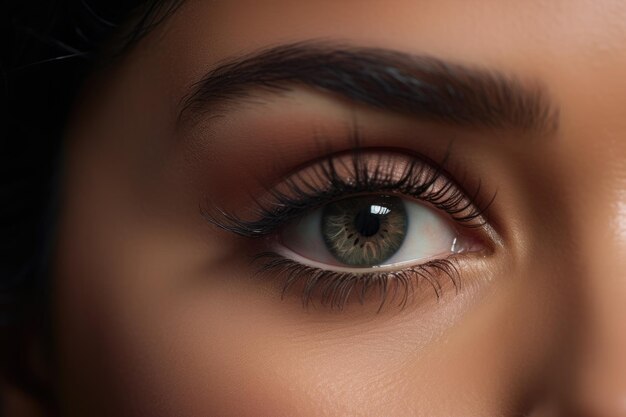 Weibliches Auge mit sehr langen Wimpern Wimpernverlängerungen Make-up Kosmetik Schönheit Close Up Macro