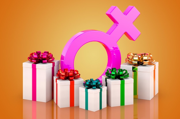 Weibliches Geschlechtssymbol mit Geschenken 3D-Rendering