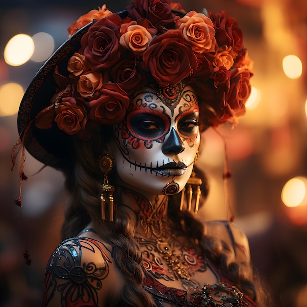 weibliches Gesicht bemalt als LA CATRINA dunkelrote Blumen bunte Neonbeleuchtung