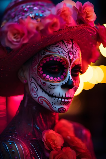 weibliches Gesicht bemalt als LA CATRINA dunkelrote Blumen bunte Neonbeleuchtung