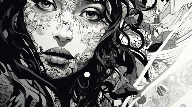 Weibliches Gesicht in einer schwarz-weißen Version Abstraktes geometrisches Design