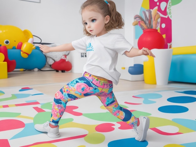 Weibliches kaukasisches Kind spielt im Spielzimmer mit lustigen Leggings. Generative KI AIG23