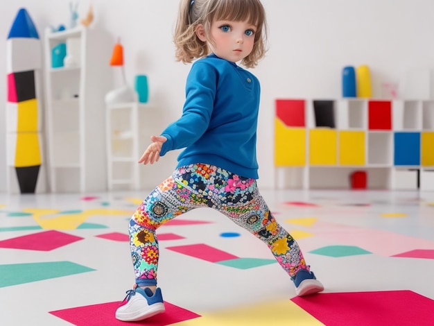 Weibliches kaukasisches Kind spielt im Spielzimmer mit lustigen Leggings. Generative KI AIG23