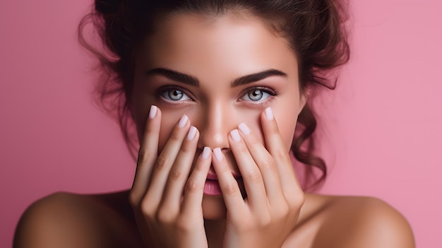 Weibliches Model berührt ihr Gesicht mit den Fingern auf dem rosa Hintergrund