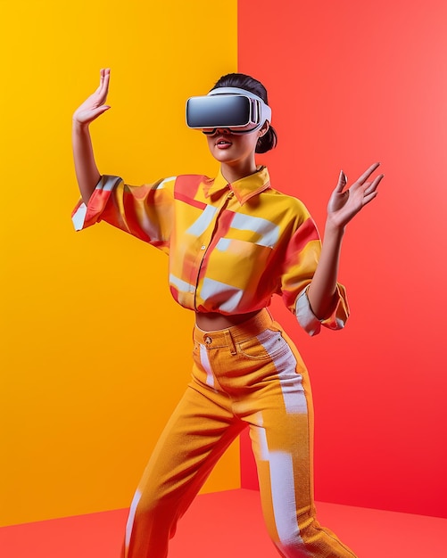weibliches Model der Generation Z posiert mit einem Virtual-Reality-Headset und modernen Outfits im auffälligen Stil