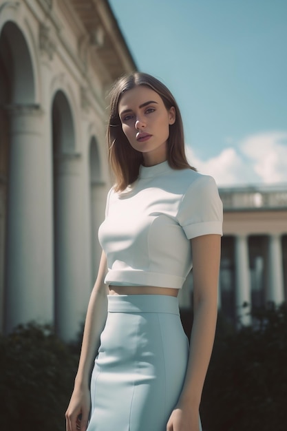 Weibliches Model im weißen T-Shirt und blauem Schößchenrock