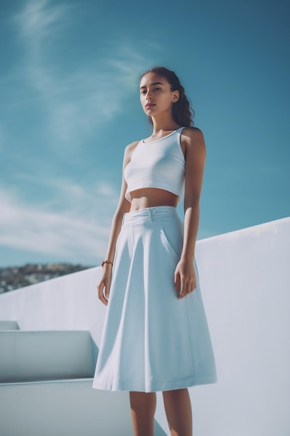 Weibliches Model im weißen T-Shirt und blauem Schößchenrock