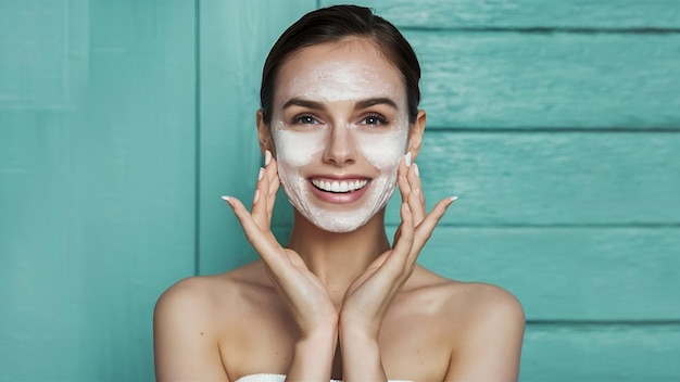 Weibliches Model mit schneeweißem Lächeln und ohne Make-up posiert an einer weißen Wand und zeigt die Vorteile