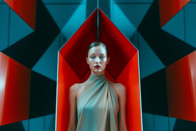Weibliches Model posiert in futuristischer, minimalistischer Architektur