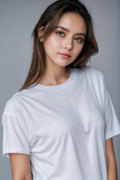 weibliches Modell mit weißem T-Shirt Weißes T-Shirt-Mockup für Ihr Design