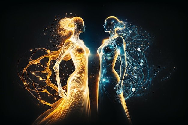Weibliches Paar in Liebe magische kosmische Ansicht von zwei Frauen in der Nacht Illustration generative AI