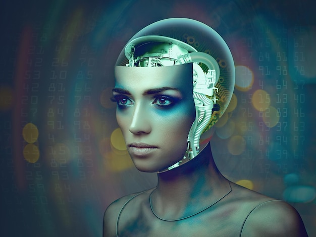 Weibliches Porträt des kybernetischen Organismus mit abstrakten Hintergründen der Wissenschaft und der Technologie