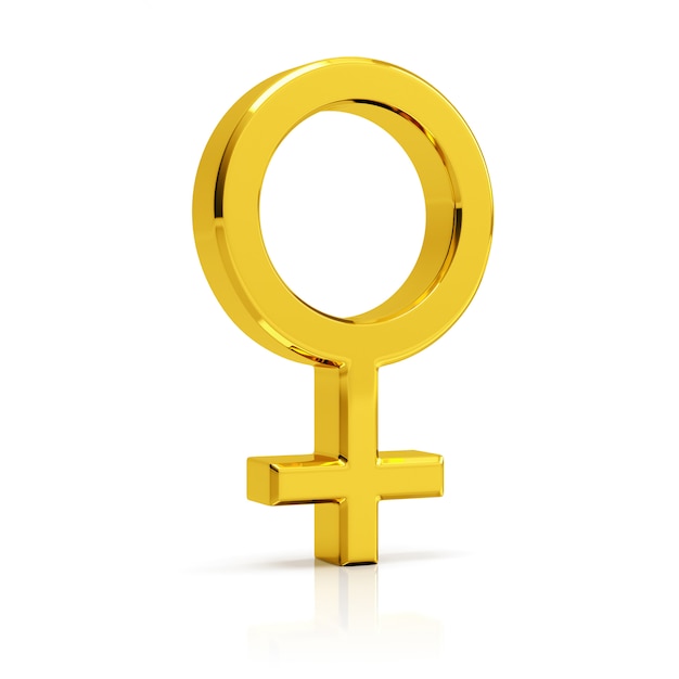 Weibliches Symbol 3d übertragen. Goldenes weibliches Symbol lokalisiert auf weißem Hintergrund.