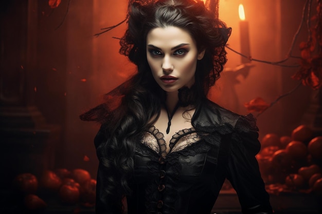 Weibliches Vampirkostüm für Halloween mit Kerzen im Hintergrund