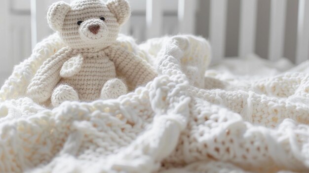 Weich gehäuteter Teddybär auf einer weißen Babydecke mit Spielzeughintergrund