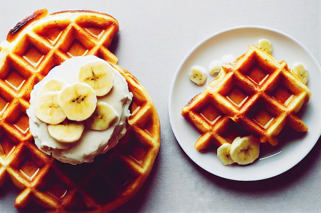 Weiche belgische Waffeln mit Sahne und Banane auf Teller auf hellem Hintergrund