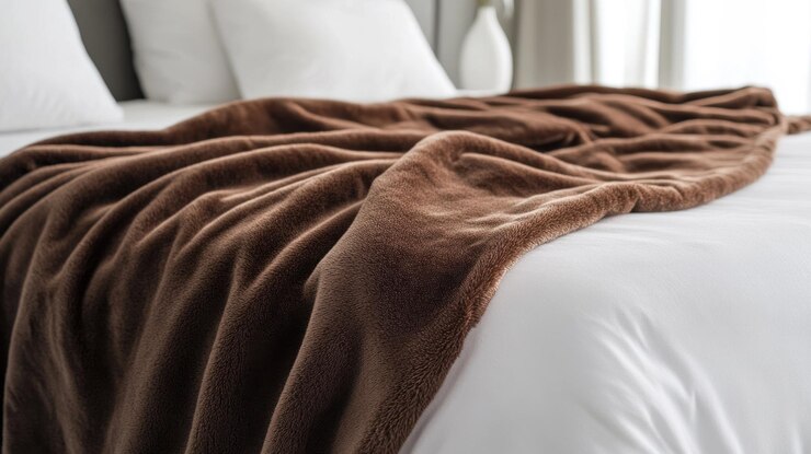 Foto weiche braune fleece-decke auf dem bett