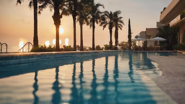 Weiche Fokus-Bokeh-Lichteffekte Hotel-Schwimmbad mit sonnigen Reflexionen verschwommener Hintergrund