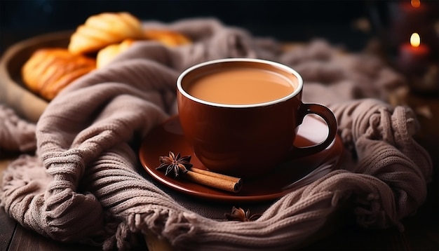 Weiche gemütliche Tasse heißen Tees auf natürlicher Decke Riesengroße warme Merino-Wolle Plaid-Decke Fall