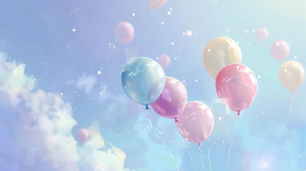 Weiche pastellfarbene Ballons, die am Himmel schwimmen, durch KI erzeugte Illustration