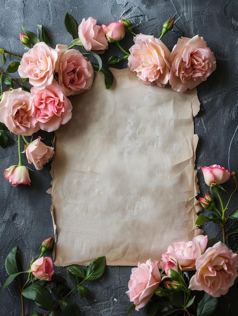 Weiche rosa Rosen mit grünem Laub, die um ein zentrales abgenutztes Papier auf einem dunklen Schiefergrund angeordnet sind und ein romantisches und strukturiertes tableau erzeugen