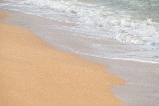 Weiche Schaumwelle und -meer auf dem Hintergrund des sandigen Strandes