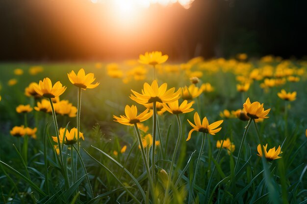 Weiche Sonnenuntergangslandschaft mit gelben Blumen und Graswiese