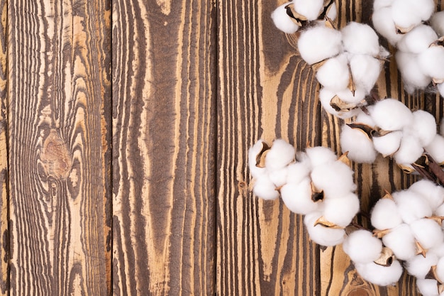 Weicher Baumwollzweig auf einem Holztisch mit Kopienraum für Text, hochauflösende flache Lage