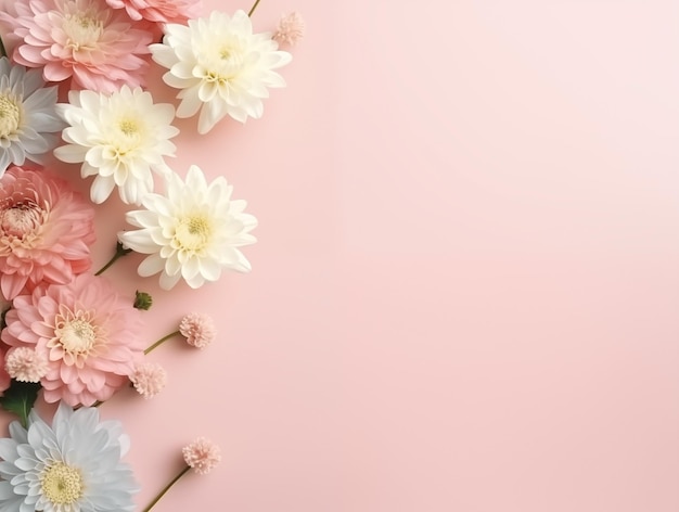 Weicher blumiger Hintergrund mit rosa und weißen Chrysanthemen auf Pastellfarbe