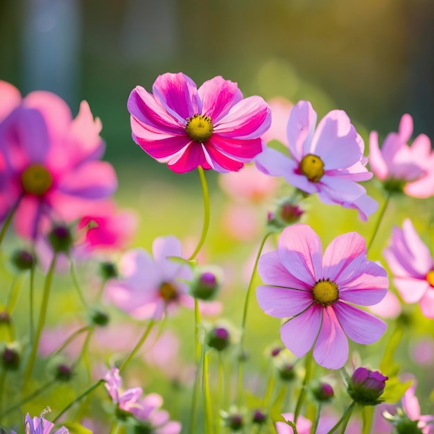 Weicher Fokus des wunderschönen rosa Kosmos mit verblassender, pastellrosa Blütenpracht im Frühling