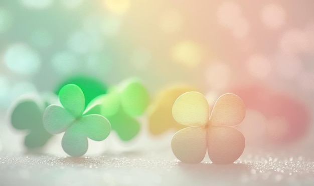 Weicher pastellfarbener Saint Patrick's Day Clover Sweet Candy Hintergrund mit Bokeh.