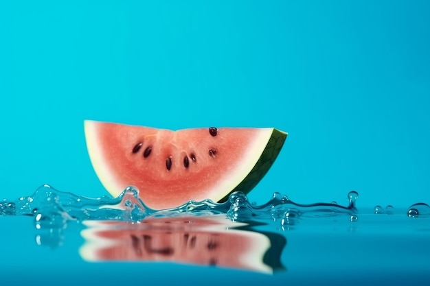 Weicher Wassermelonenschnitt auf blauem Grund mit Platz für Substanz. Kreative Ressource, KI generiert