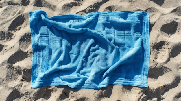 Weiches blaues Strandhandtuch auf Sand über der Ansicht Platz für Text