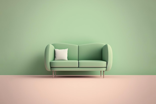 Weiches grünes Sofa auf grünem Hintergrund 3D-Illustration AI-generiertes Bild Modernes minimalistisches Wohnzimmer-Innendetail Gemütlichkeit Social Media und Verkaufskonzept kreative Werbeidee