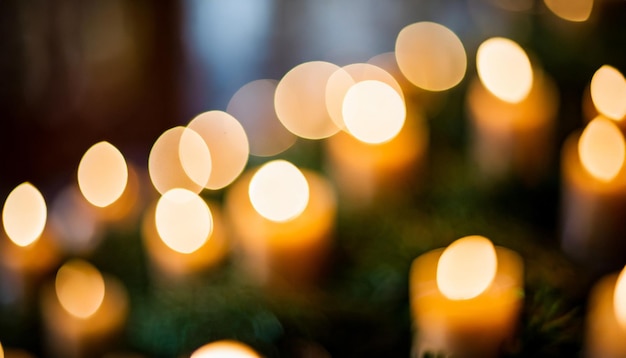 Weiches Kerzenlicht erfüllt die Kirche und wirft einen warmen Leuchter inmitten abstrakter Lichter, die eine ruhige Umgebung schaffen.